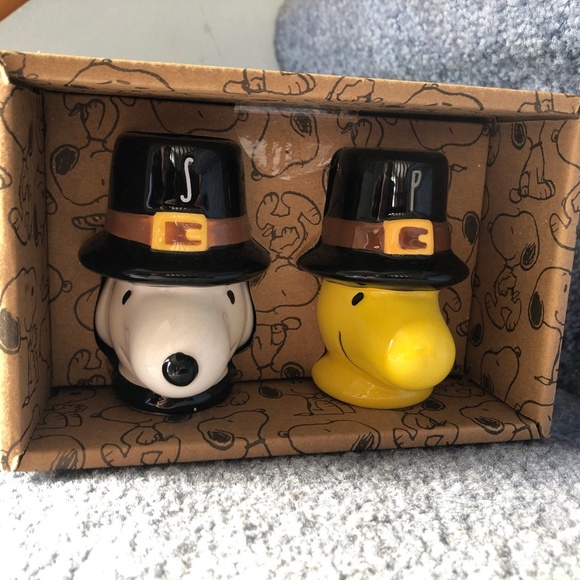 Rae Dunn Thanksgiving Peanuts Snoopy & Woodstock Pilgrim Salt and Pepper Shakers - Picture 1 of 2